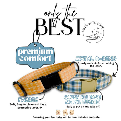 Personalized Plaid Gingham Dog Collar with Name Engraved Cute and Soft Adjustable Collar & Leash Set Black Gold Buckle Dog Gift (OG-154)