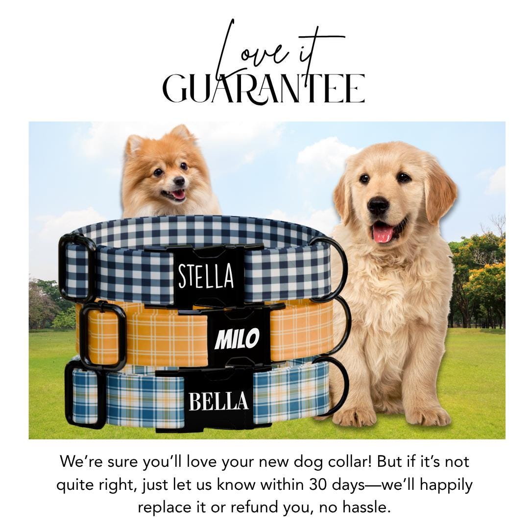 Personalized Plaid Gingham Dog Collar with Name Engraved Cute and Soft Adjustable Collar & Leash Set Black Gold Buckle Dog Gift (OG-154)