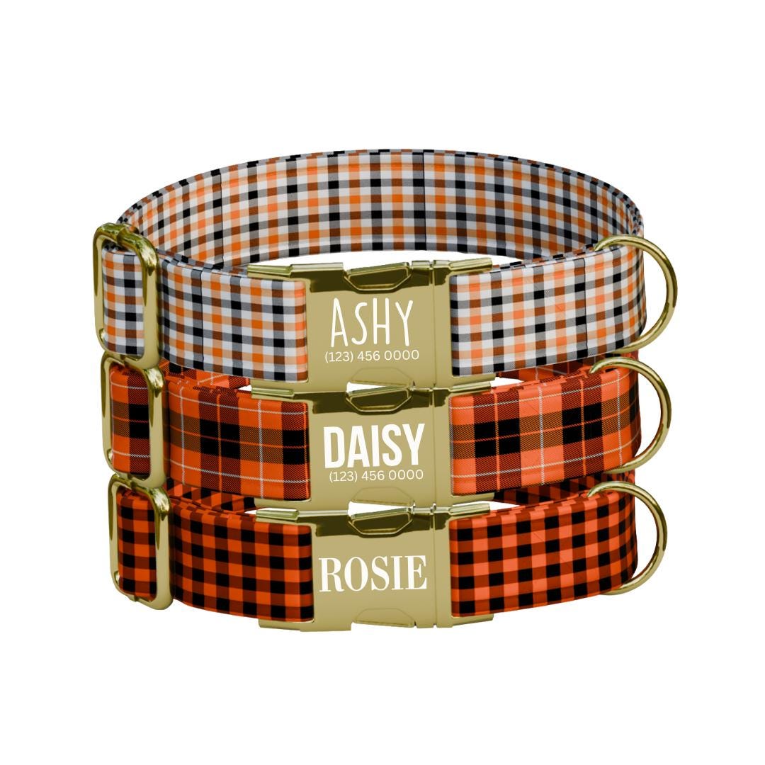 Personalized Halloween Dog Collar with Name Engraved, Cute and Soft Adjustable Fall Collar & Leash Set Black or Gold Buckle Dog Gift (OG-35)