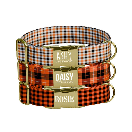 Personalized Halloween Dog Collar with Name Engraved, Cute and Soft Adjustable Fall Collar & Leash Set Black or Gold Buckle Dog Gift (OG-35)