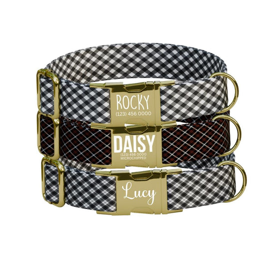 Personalized Chic Pup Plaid Dog Collar with Name Engraved, Cute and Soft Adjustable Collar & Leash Set Black or Gold Buckle Dog Gift (OG-41)