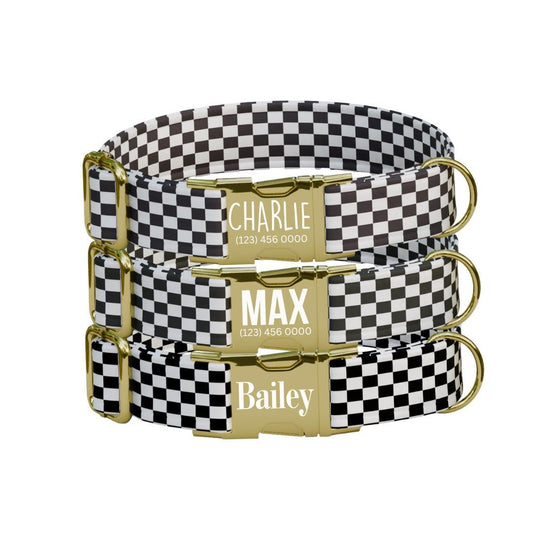 Personalized Checkered Flag Dog Collar with Name Engraved Cute and Soft Adjustable Collar & Leash Set Black or Gold Buckle Dog Gift (OG-42)
