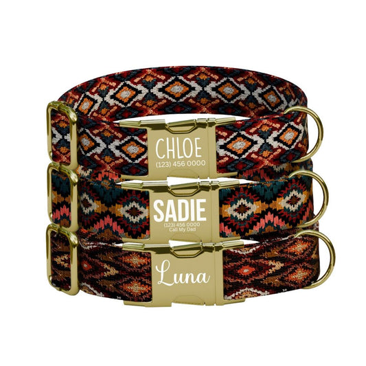 Personalized Southwestern Dog Collar with Name Engraved, Cute and Soft Adjustable Collar & Leash Set, Black or Gold Buckle Dog Gift (OG-44)
