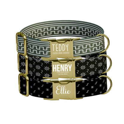Personalized Geometric Dog Collar with Name Engraved, Cute and Soft Adjustable Collar & Leash Set, Black or Gold Buckle Dog Gift (OG-45)