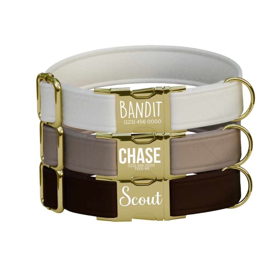 Personalized Neutral Plain Dog Collar with Name Engraved, Cute and Soft Adjustable Collar & Leash Set, Black or Gold Buckle Dog Gift (OG-46)