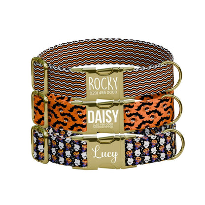 Personalized Halloween Dog Collar with Name Engraved, Cute and Soft Adjustable Fall Collar & Leash Set Black or Gold Buckle Dog Gift (OG-30)