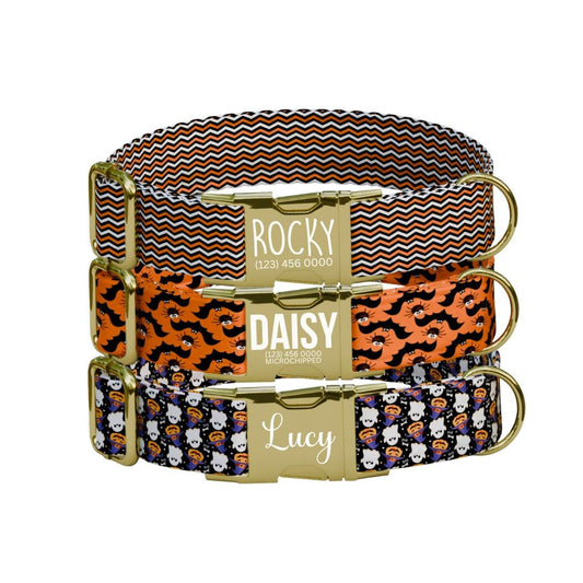 Personalized Halloween Dog Collar with Name Engraved, Cute and Soft Adjustable Fall Collar & Leash Set Black or Gold Buckle Dog Gift (OG-30)