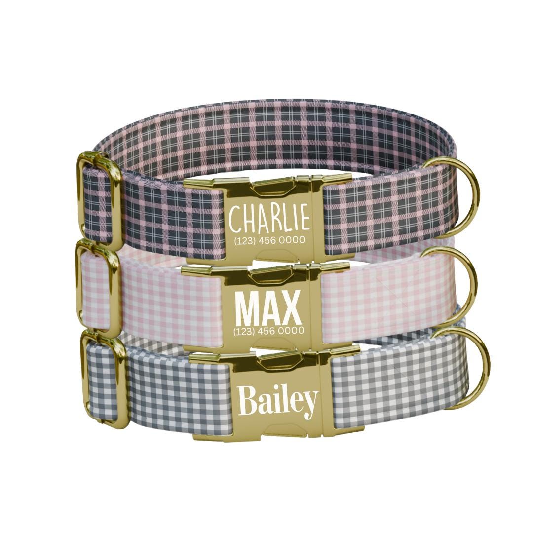 Personalized Gingham Fabric Dog Collar with Name Engraved, Cute and Soft Adjustable Collar & Leash Set Black or Gold Buckle Dog Gift (OG-21)
