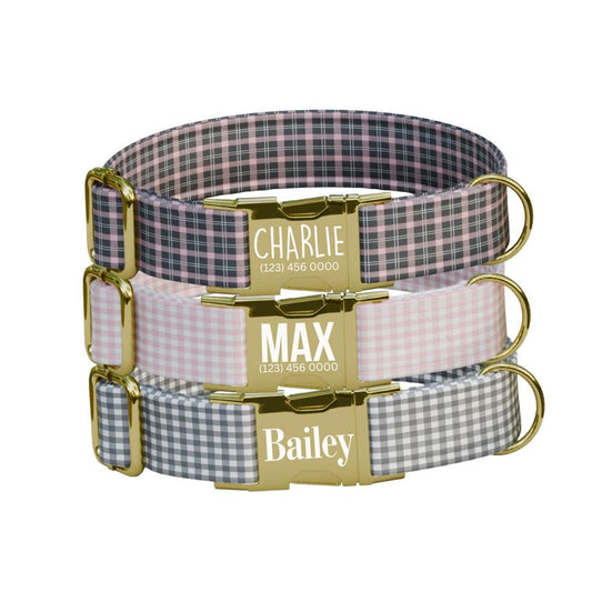 Personalized Gingham Fabric Dog Collar with Name Engraved, Cute and Soft Adjustable Collar & Leash Set Black or Gold Buckle Dog Gift (OG-21)