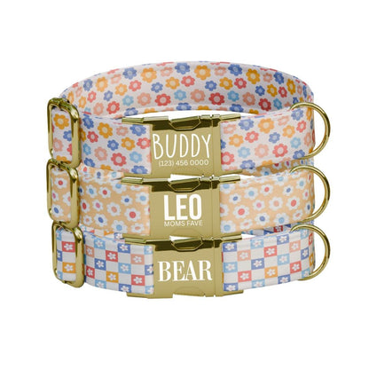 Personalized Pastel Floral Dog Collar with Name Engraved, Cute and Soft Adjustable Collar & Leash Set Black or Gold Buckle Dog Gift (OG-20)