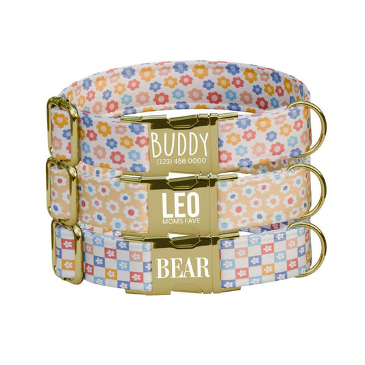 Personalized Pastel Floral Dog Collar with Name Engraved, Cute and Soft Adjustable Collar & Leash Set Black or Gold Buckle Dog Gift (OG-20)