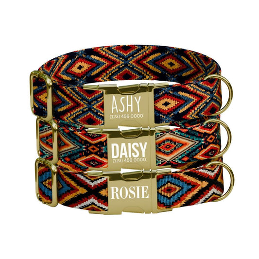 Personalized Southwestern Dog Collar with Name Engraved, Cute and Soft Adjustable Collar & Leash Set, Black or Gold Buckle Dog Gift (OG-25)