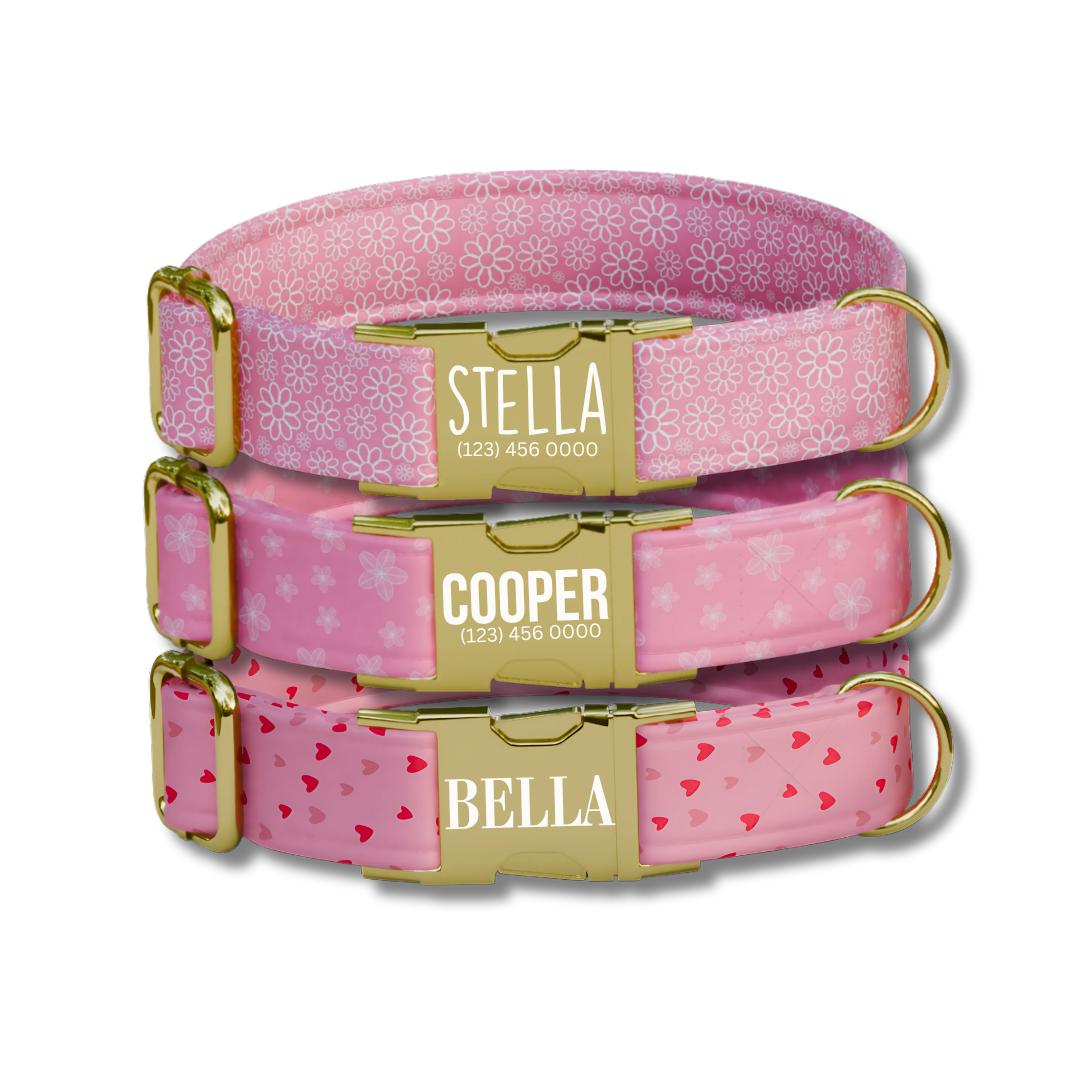 Personalized Pink Floral Dog Collar with Name Engraved, Cute and Soft Adjustable Collar & Leash Set, Black or Gold Buckle, Dog Gift (OG-01)