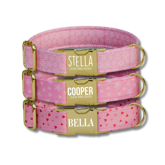 Personalized Pink Floral Dog Collar with Name Engraved, Cute and Soft Adjustable Collar & Leash Set, Black or Gold Buckle, Dog Gift (OG-01)