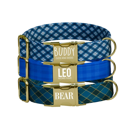Personalized Blue Plaid Dog Collar with Name Engraved, Cute and Soft Adjustable Collar & Leash Set, Black or Gold Buckle, Dog Gift (OG-05)