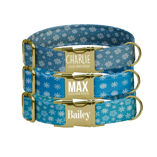 Personalized Blue Snowflakes Dog Collar with Name Engraved Cute and Soft Adjustable Collar & Leash Set Black or Gold Buckle Dog Gift (OG-06)
