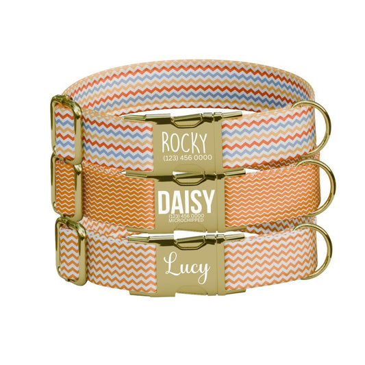 Personalized Chevron Pattern Dog Collar with Name Engraved Cute and Soft Adjustable Collar & Leash Set Black or Gold Buckle Dog Gift (OG-07)