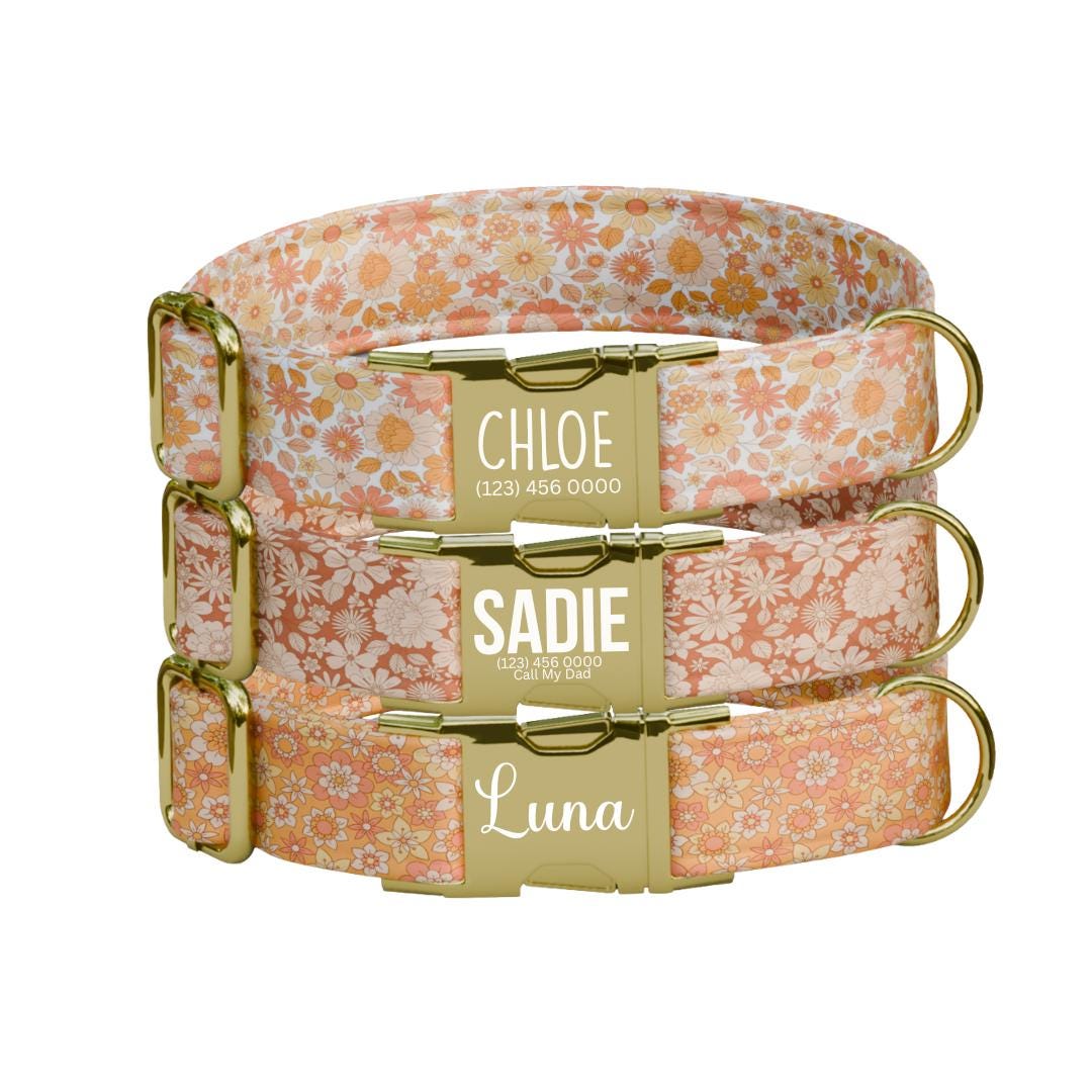 Personalized Orange Floral Dog Collar with Name Engraved Cute and Soft Adjustable Collar & Leash Set, Black or Gold Buckle, Dog Gift (OG-08)