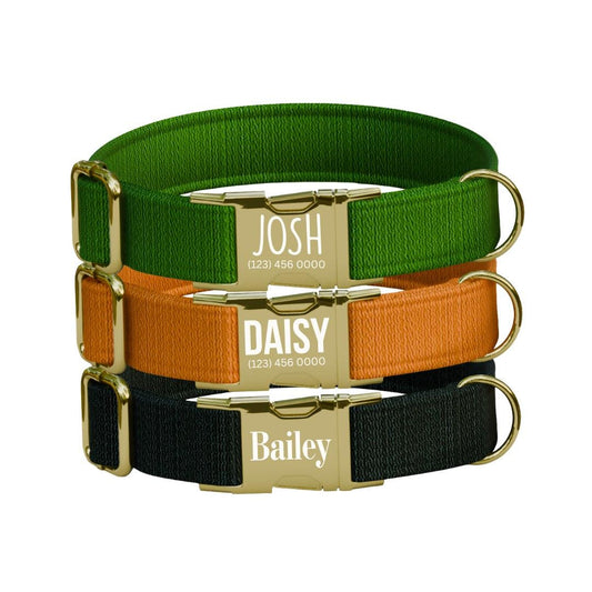 Personalized Rustic Plain Dog Collar with Name Engraved, Cute and Soft Adjustable Collar & Leash Set, Black or Gold Buckle Dog Gift (OG-14)