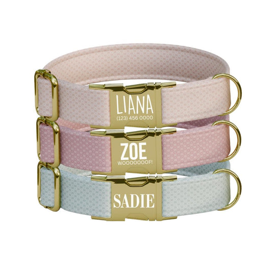 Personalized Pastel Charm Dog Collar with Name Engraved, Cute and Soft Adjustable Collar & Leash Set, Black Gold Buckle Dog Gift (OG-15)