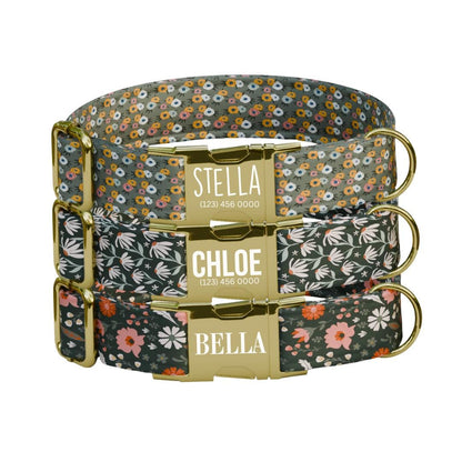 Personalized Green Floral Dog Collar with Name Engraved, Cute and Soft Adjustable Collar & Leash Set, Black or Gold Buckle Dog Gift (OG-17)