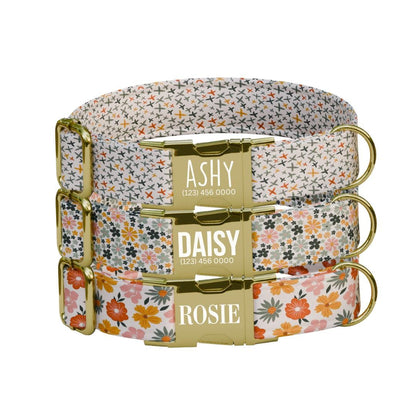 Personalized Floral Pattern Dog Collar with Name Engraved, Cute and Soft Adjustable Collar & Leash Set Black or Gold Buckle Dog Gift (OG-18)