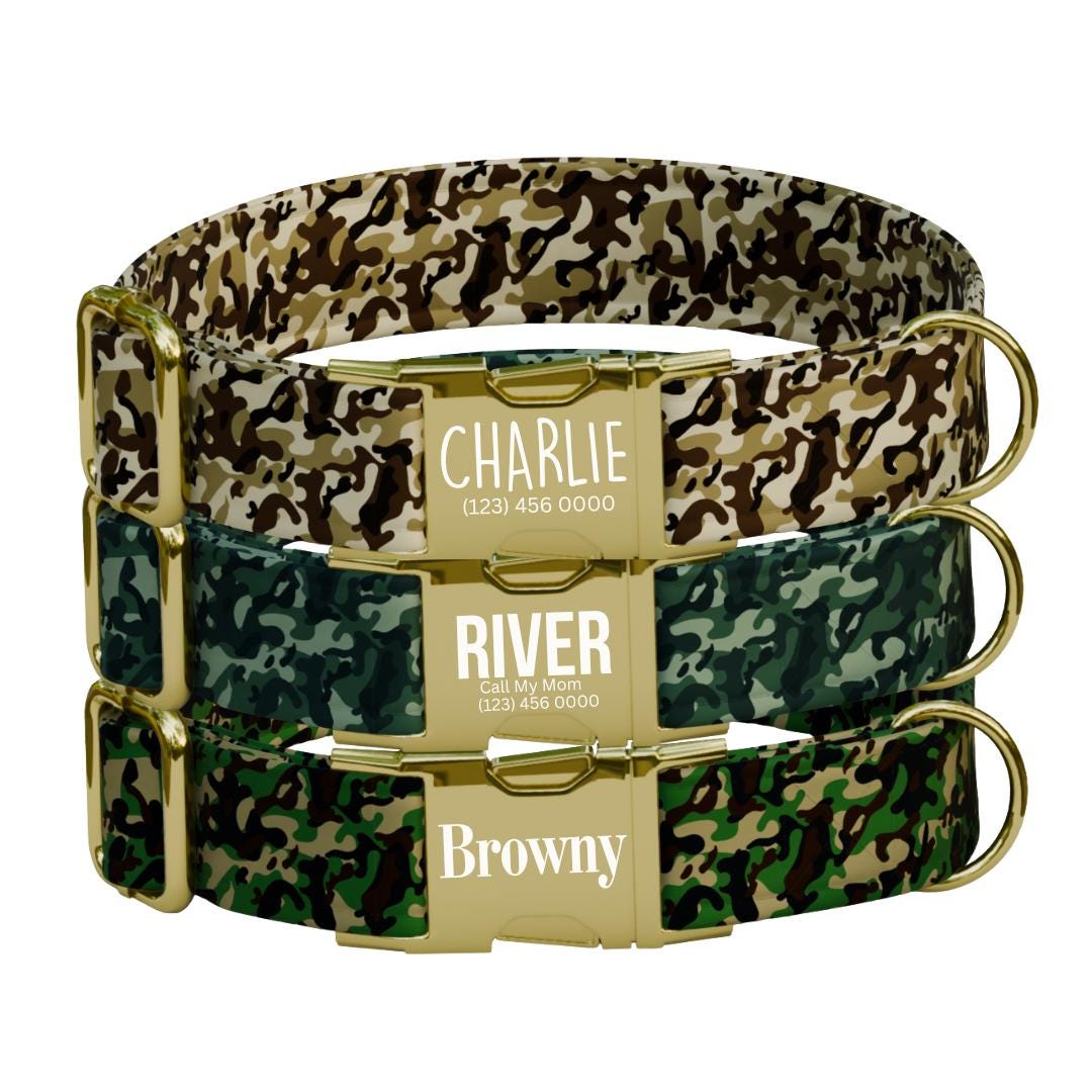 Personalized Camouflage Dog Collar with Name Engraved Cute & Soft Military Style Adjustable Collar Leash Set Wedding Dog Tag Gift (OG-64)
