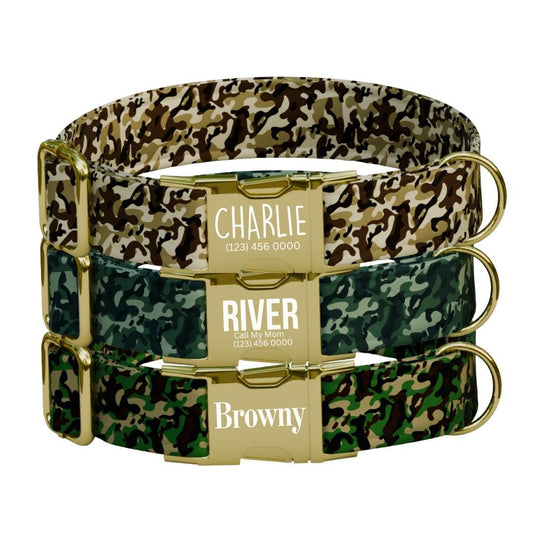 Personalized Camouflage Dog Collar with Name Engraved Cute & Soft Military Style Adjustable Collar Leash Set Wedding Dog Tag Gift (OG-64)