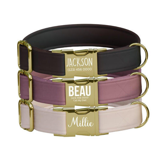 Personalized Modern Solid Dog Collar with Name Engraved Cute and Soft Adjustable Collar & Leash Set, Black or Gold Buckle, Dog Gift (OG-107)