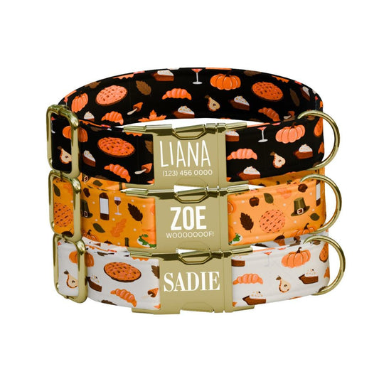 Personalized Festive Fall Dog Collar with Name Engraved Cute and Soft Adjustable Collar & Leash Set, Black or Gold Buckle Dog Gift (OG-131)