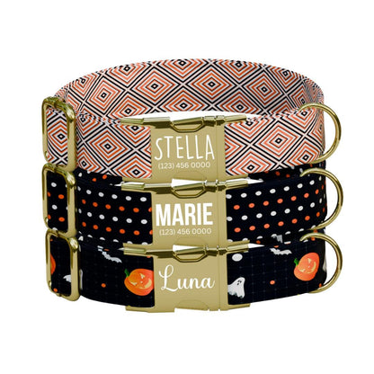 Personalized Spooky Pup Halloween Dog Collar with Name Engraved Cute and Soft Adjustable Collar & Leash Set, Pet ID Tag Dog Gift (OG-141)