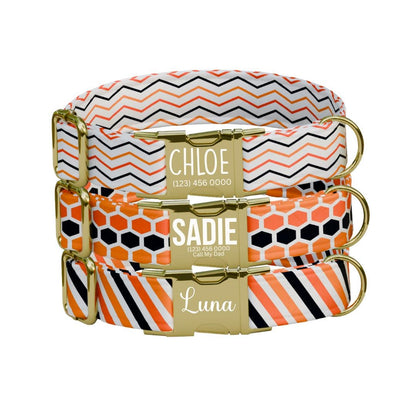 Personalized Chevron Stripes Honeycomb Dog Collar with Name Engraved Cute and Soft Adjustable Collar & Leash Set Pet Tag Dog Gift (OG-142)