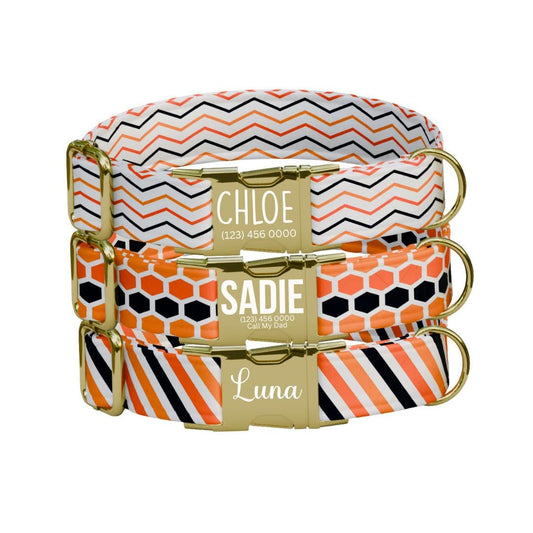 Personalized Chevron Stripes Honeycomb Dog Collar with Name Engraved Cute and Soft Adjustable Collar & Leash Set Pet Tag Dog Gift (OG-142)