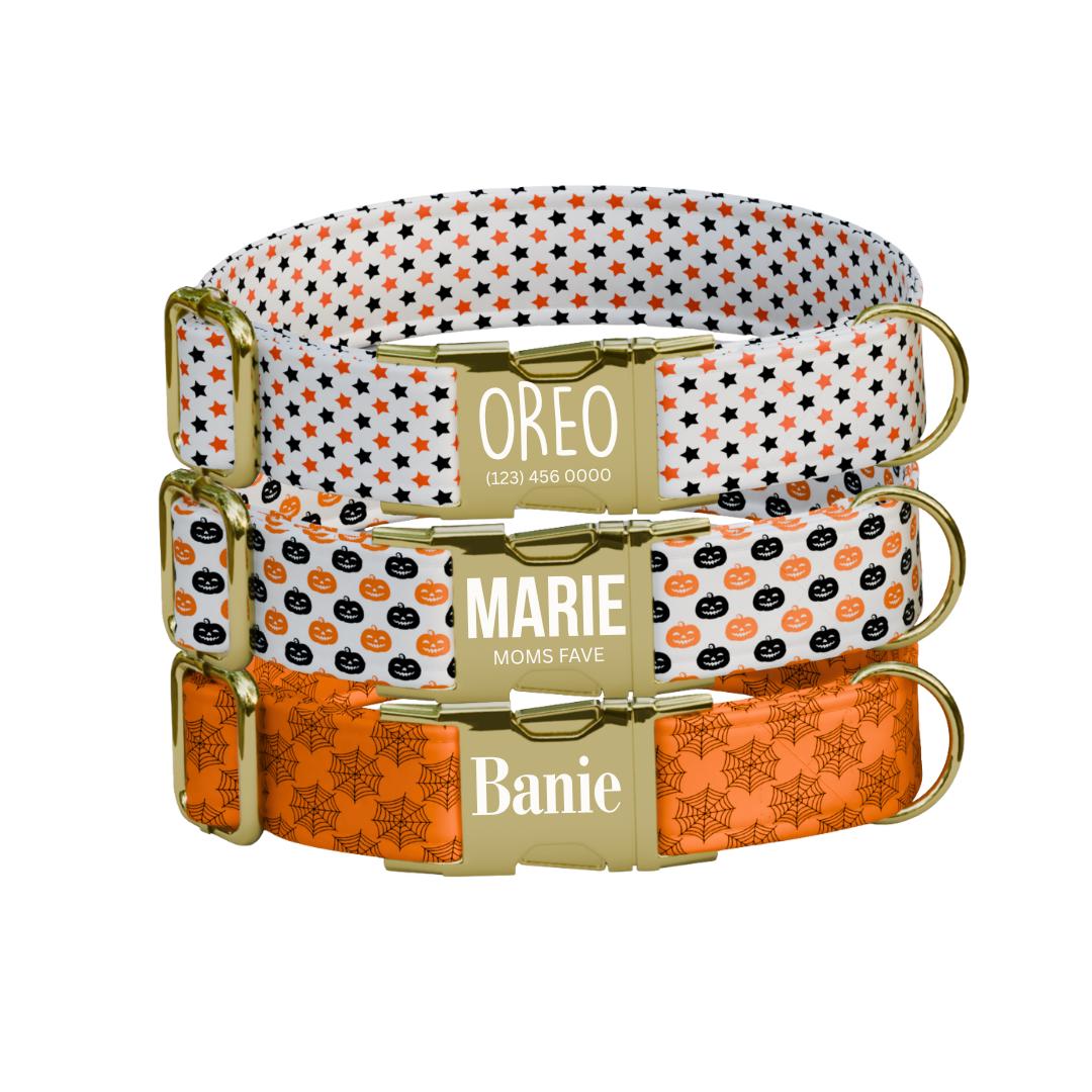 Personalized Spooky Season Dog Collar with Name Engraved Cute and Soft Adjustable Collar & Leash Set, Halloween Pet ID Tag Dog Gift (OG-132)