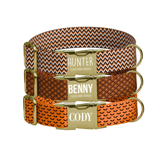 Personalized Spook-tacular Halloween Dog Collar with Name Engraved Cute and Soft Adjustable Collar & Leash Set, Pet ID Tag Dog Gift (OG-133)