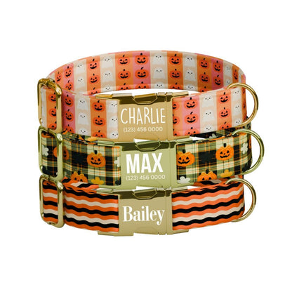 Personalized Halloween Dog Collar with Name Engraved Cute and Soft Fall Adjustable Collar & Leash Set Black or Gold Buckle Dog Gift (OG-126)