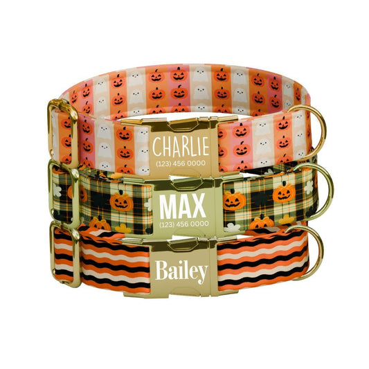 Personalized Halloween Dog Collar with Name Engraved Cute and Soft Fall Adjustable Collar & Leash Set Black or Gold Buckle Dog Gift (OG-126)