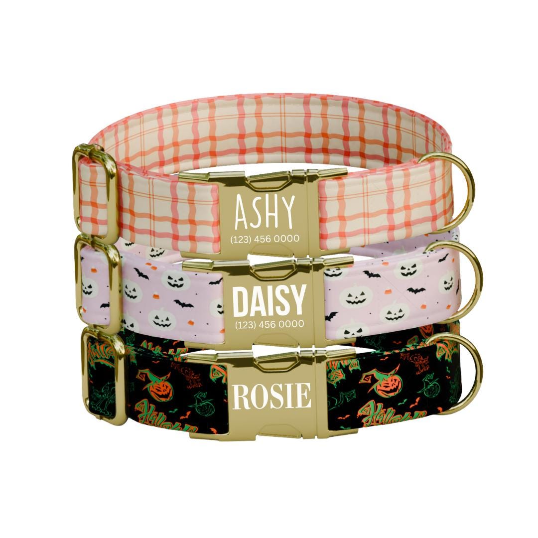 Personalized Halloween Dog Collar with Name Engraved Cute and Soft Fall Adjustable Collar & Leash Set Black or Gold Buckle Dog Gift (OG-128)