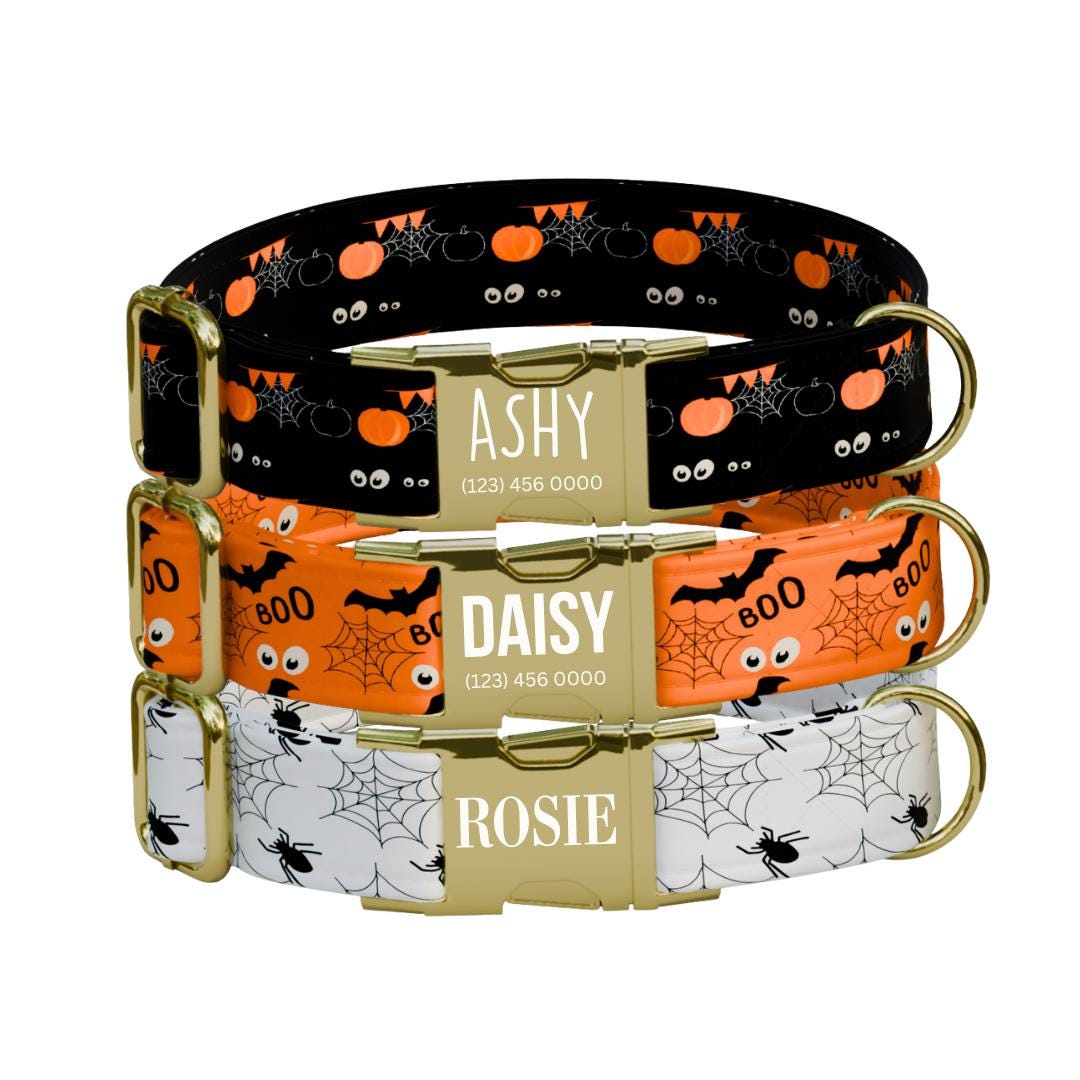 Personalized Halloween Dog Collar with Name Engraved Cute and Soft Fall Adjustable Collar & Leash Set Black or Gold Buckle Dog Gift (OG-122)