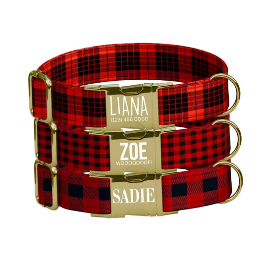 Personalized Red Plaid Dog Collar with Name Engraved, Cute and Soft Adjustable Collar & Leash Set, Black or Gold Buckle Dog Gift (OG-16)