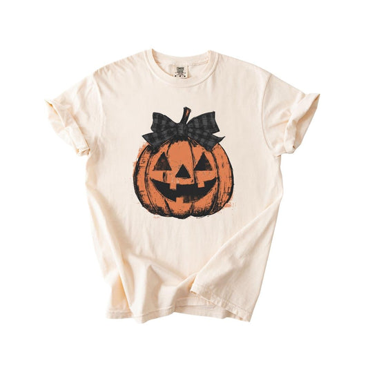 Cute Pumpkin Face T-Shirt With Bow Comfort Colors Vintage Distressed Jack O’ Lantern Tee Distressed Halloween Shirt Cute Skeleton Dance Top