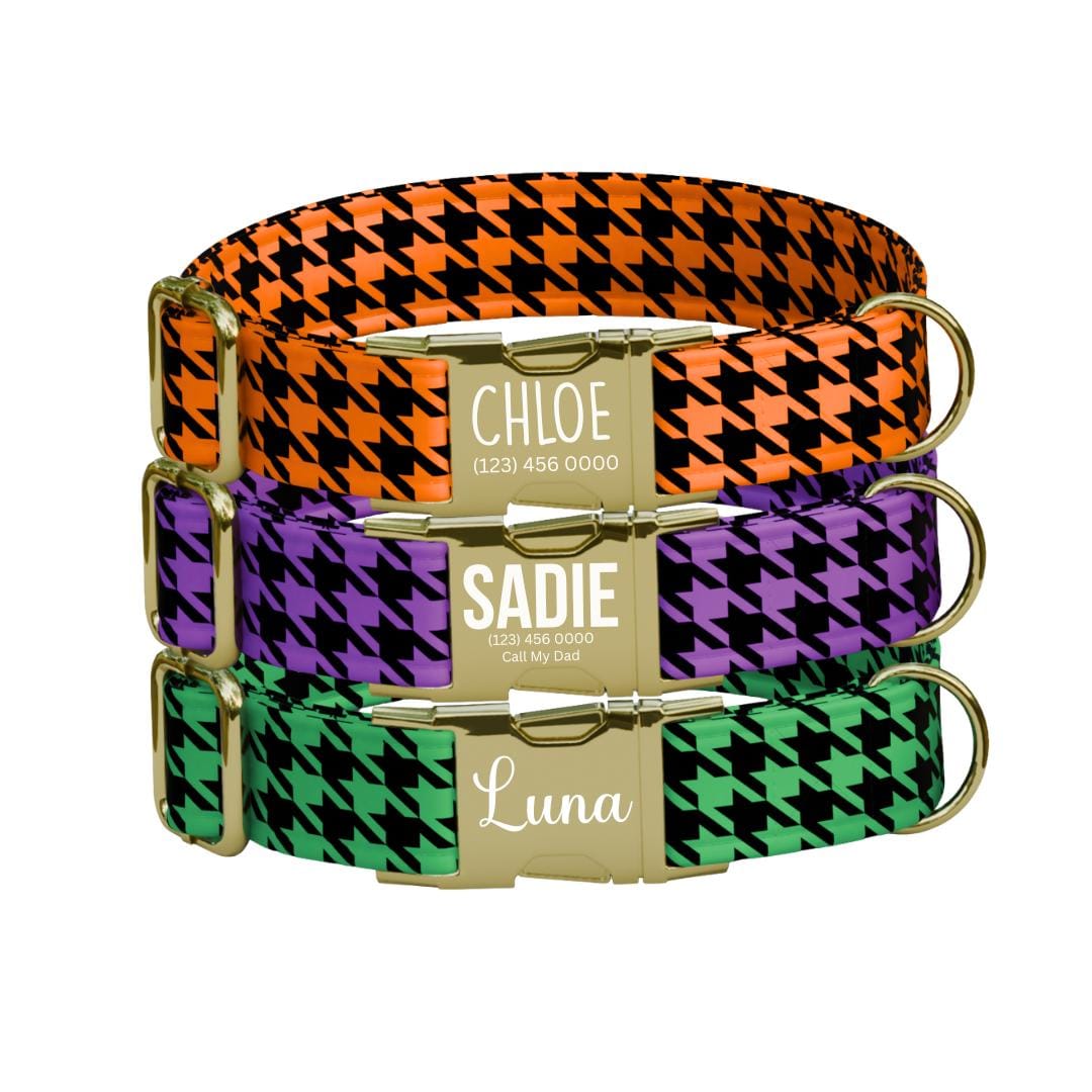 Personalized Houndstooth Alabama Fans Dog Collar with Name Engraved Cute Fall Adjustable Collar & Leash Set Metal Buckle Dog Gift (OG-111)