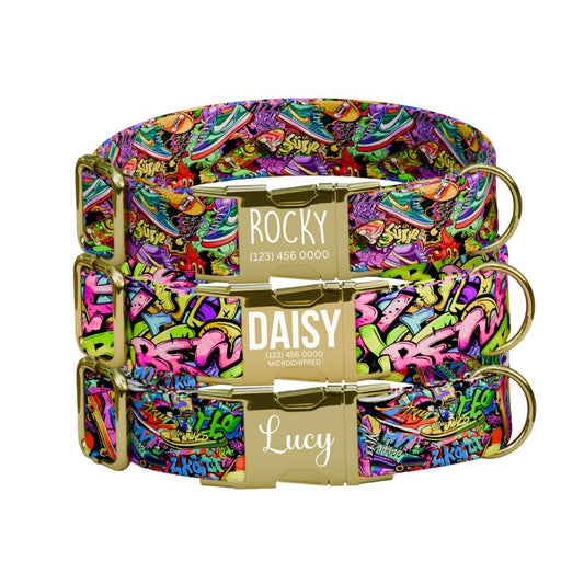 Personalized Grafitti Dog Collar with Name Engraved Cute and Soft Adjustable Collar & Leash Set Black or Gold Buckle Dog Gift (OG-103)