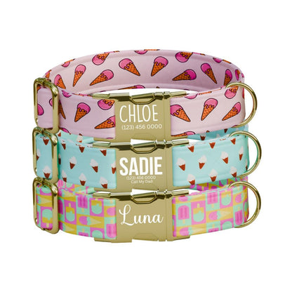 Personalized Ice Cream Dog Collar with Name Engraved Cute and Soft Cone Adjustable Collar & Leash Set Black or Gold Buckle Dog Gift (OG-94)