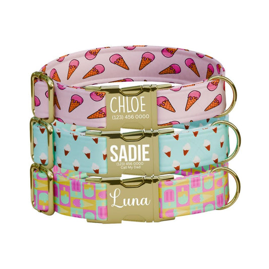 Personalized Ice Cream Dog Collar with Name Engraved Cute and Soft Cone Adjustable Collar & Leash Set Black or Gold Buckle Dog Gift (OG-94)