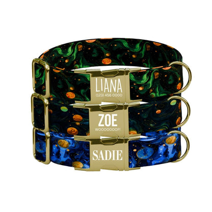 Personalized Galaxy Space Dog Collar with Name Engraved, Cute and Soft Adjustable Collar & Leash Set, Black or Gold Buckle Dog Gift (OG-91)