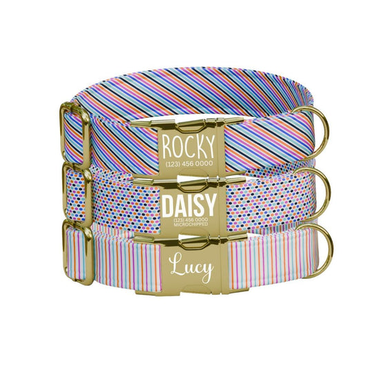Personalized Stripes and Dots Dog Collar with Name Engraved Cute and Soft Adjustable Collar & Leash Set Black / Gold Buckle Dog Gift (OG-89)
