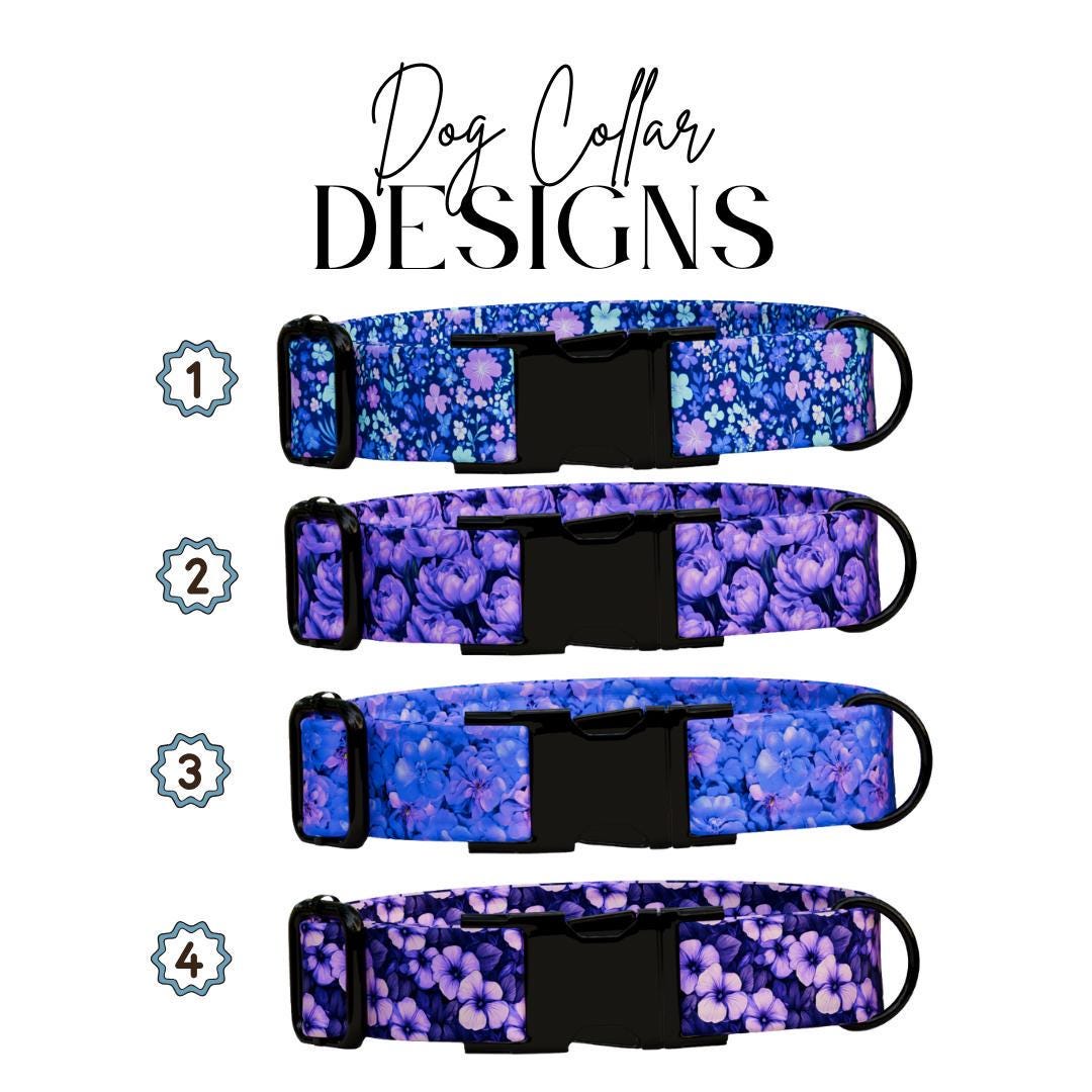 Personalized Purple Floral Dog Collar with Name Engraved Cute and Soft Floral Adjustable Collar & Leash Set Stylish Flower Dog Gift (OG-197)