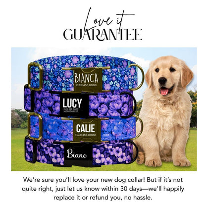 Personalized Purple Floral Dog Collar with Name Engraved Cute and Soft Floral Adjustable Collar & Leash Set Stylish Flower Dog Gift (OG-197)