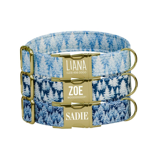 Personalized Winter Wonderland Dog Collar with Name Engraved Cute and Soft Adjustable Collar & Leash Set Black Gold Buckle Dog Gift (OG-62)